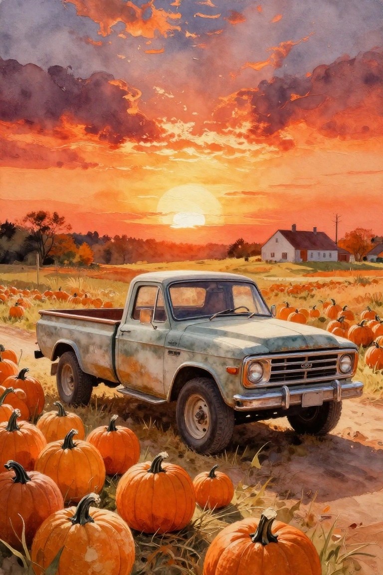 Vintage blue pickup truck in pumpkin patch under vibrant orange sunset sky