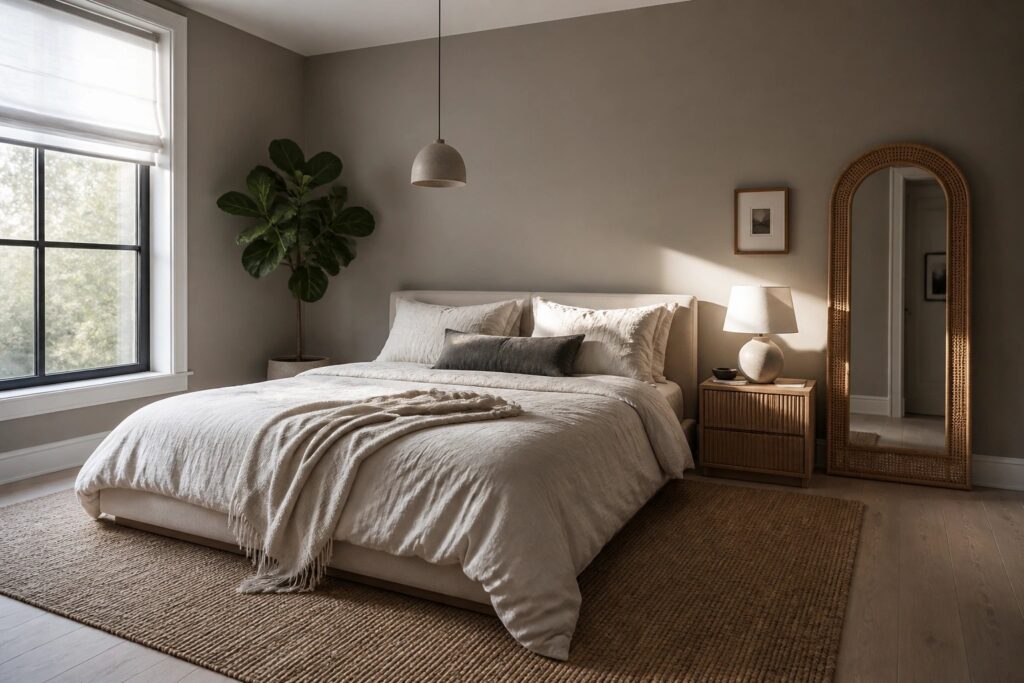 18 Warm Greige Neutral Paint Colors That Balance Beige Comfort and Modern Gray Bedroom walls painted in a warm greige neutral.