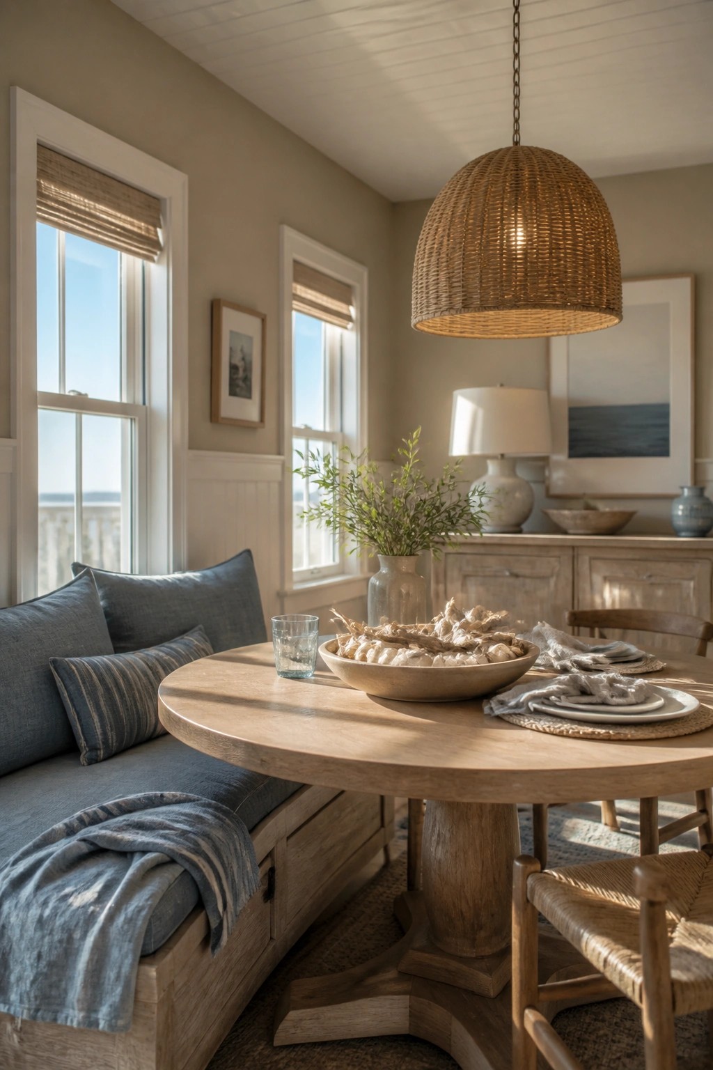 Cozy dining nook with round wooden table, woven pendant light, and blue bench seating