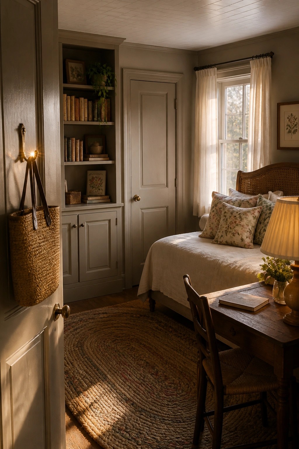 A bedroom with warm greige walls and painted built-in cabinetry.
