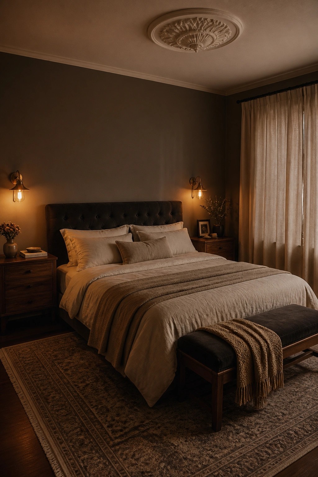 Bedroom with deep warm greige walls and neutral bedding.