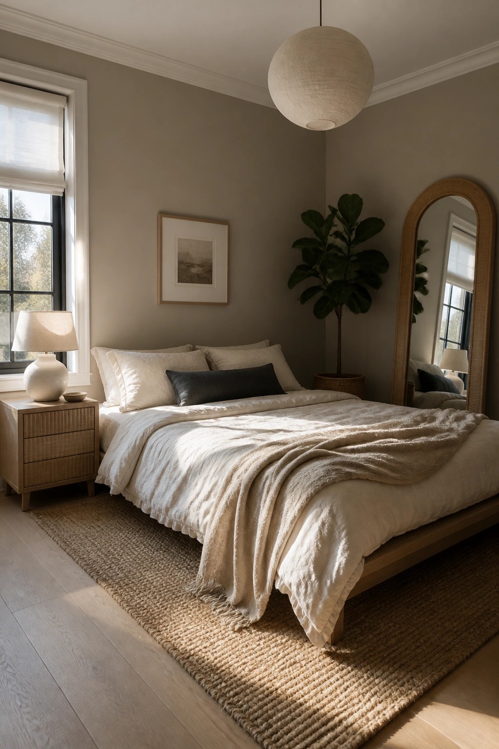Bedroom walls painted in a warm greige neutral.