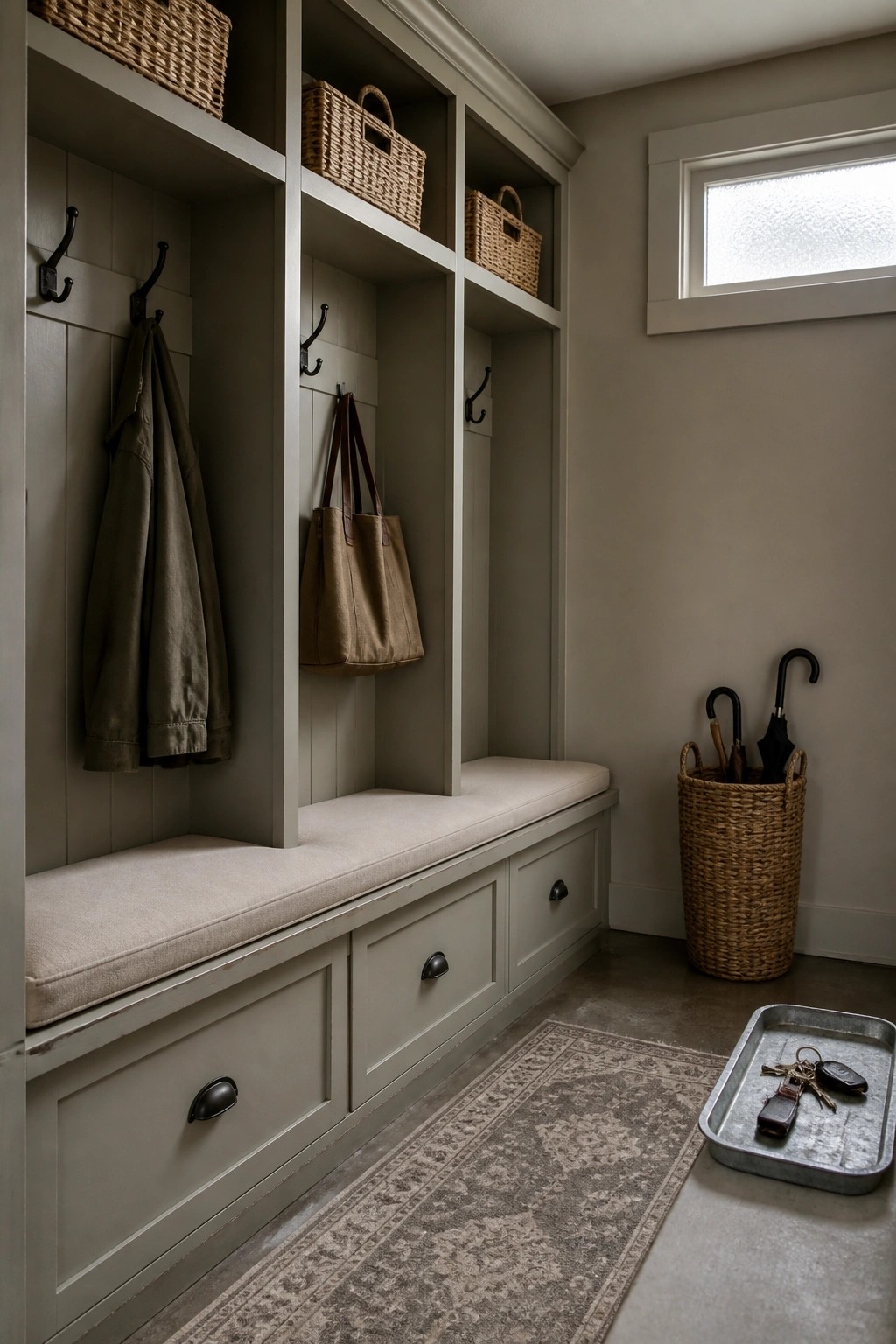 Built-in cabinetry painted in a warm greige inside a neutral mudroom.