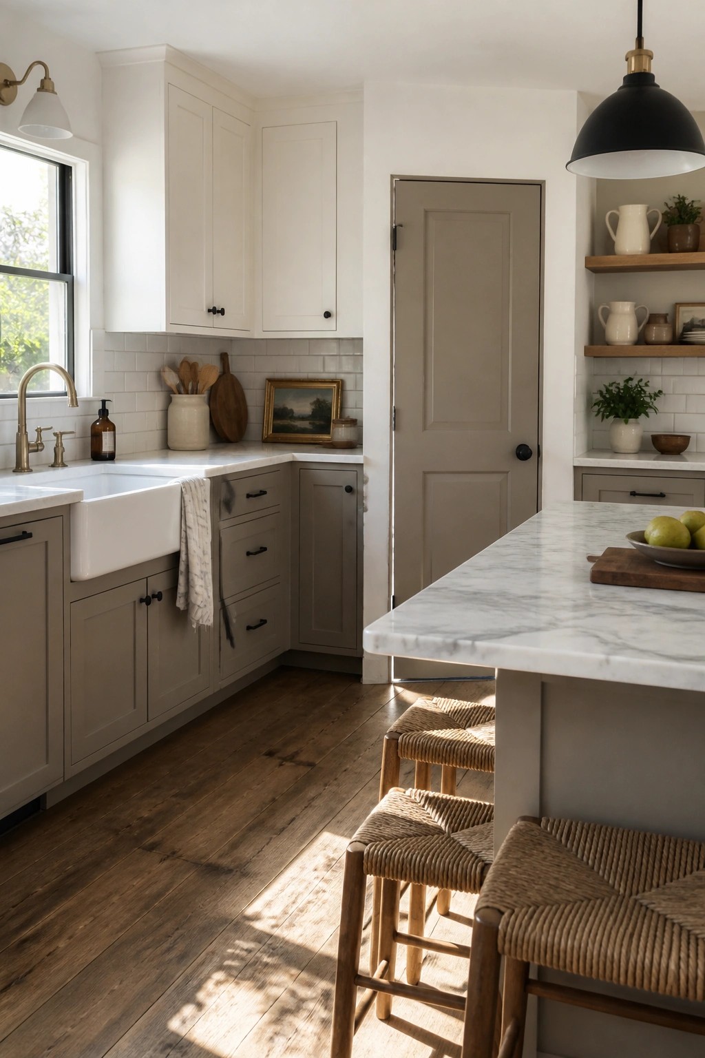 Kitchen with warm greige lower cabinets and white upper cabinets.