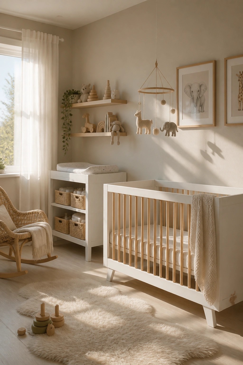 A nursery with warm greige walls, white crib, and light wood flooring.