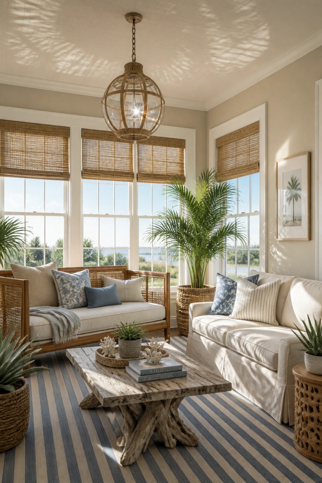 Bright living room with rattan sofas, striped rug, woven chandelier, and sunlit windows