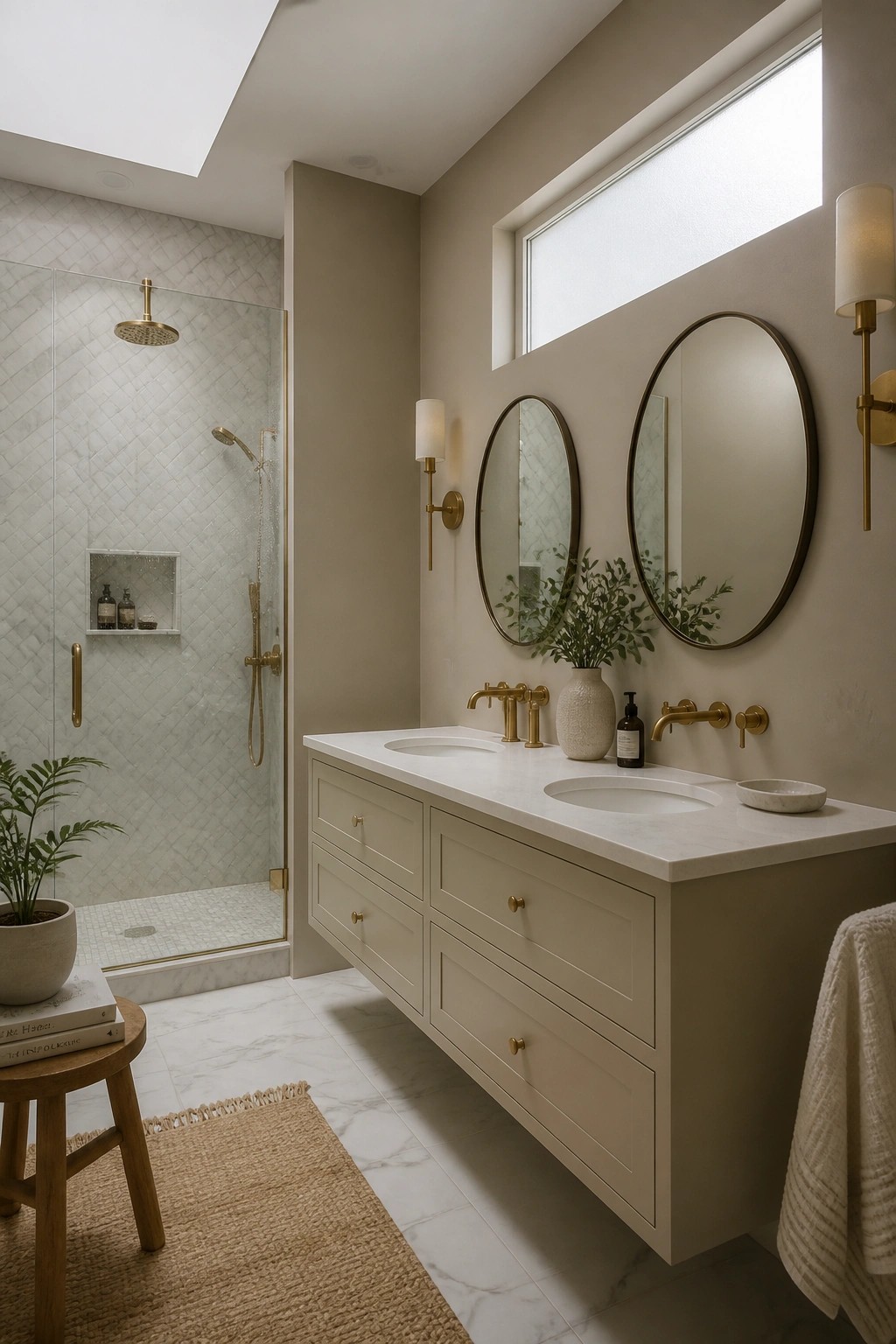 A bathroom with warm greige walls, a floating white vanity, and brass fixtures.