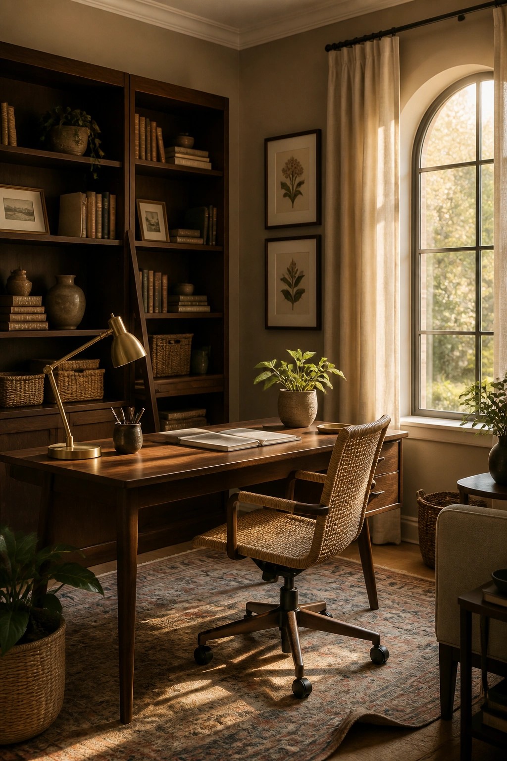 Warm greige walls in a home office with built-in bookshelves and a wooden desk.