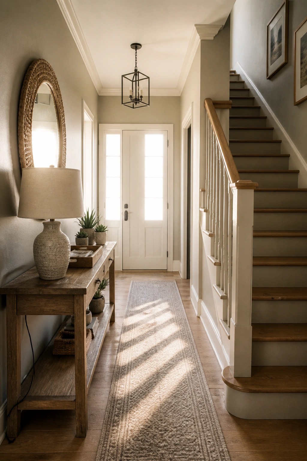A hallway painted in a soft warm greige with wood floors and white trim.
