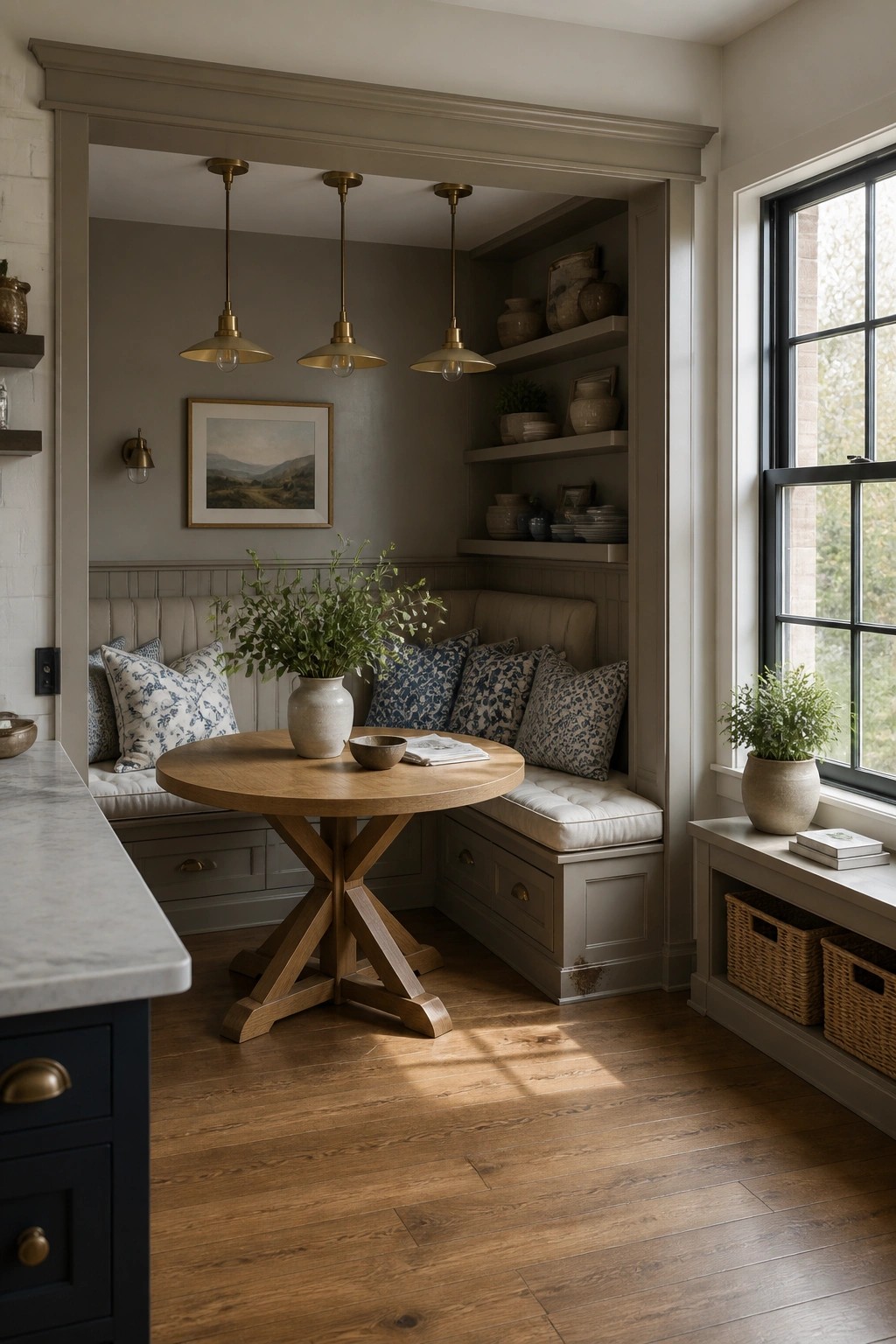 Warm greige walls in a built-in breakfast nook with wood flooring.