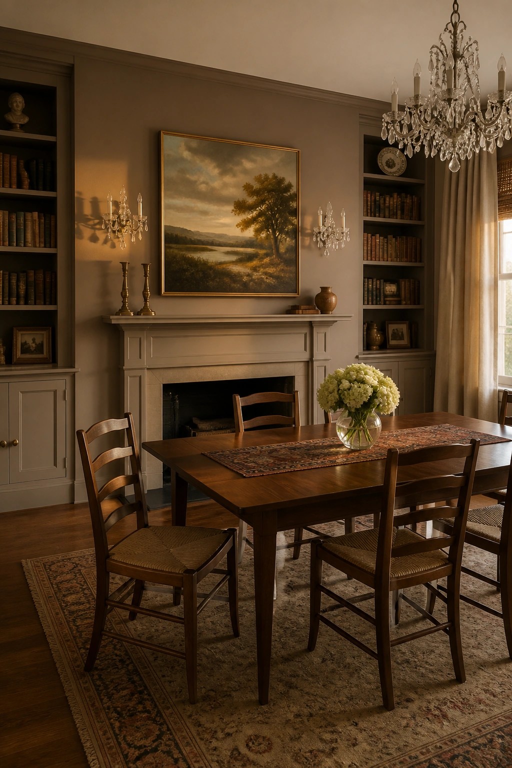 Elegant dining room with wooden table, floral centerpiece, fireplace, and bookshelves.