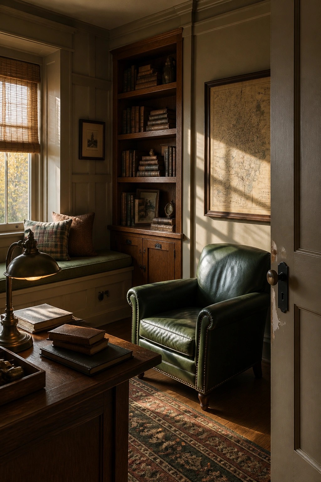 Warm greige walls in a study with wood built-ins and a green leather chair.
