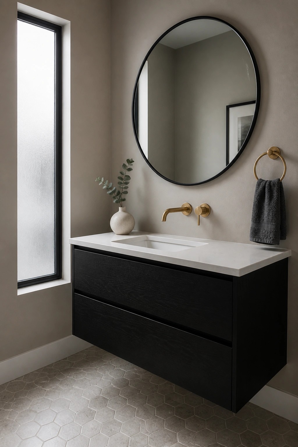 Bathroom walls painted in a warm greige neutral.
