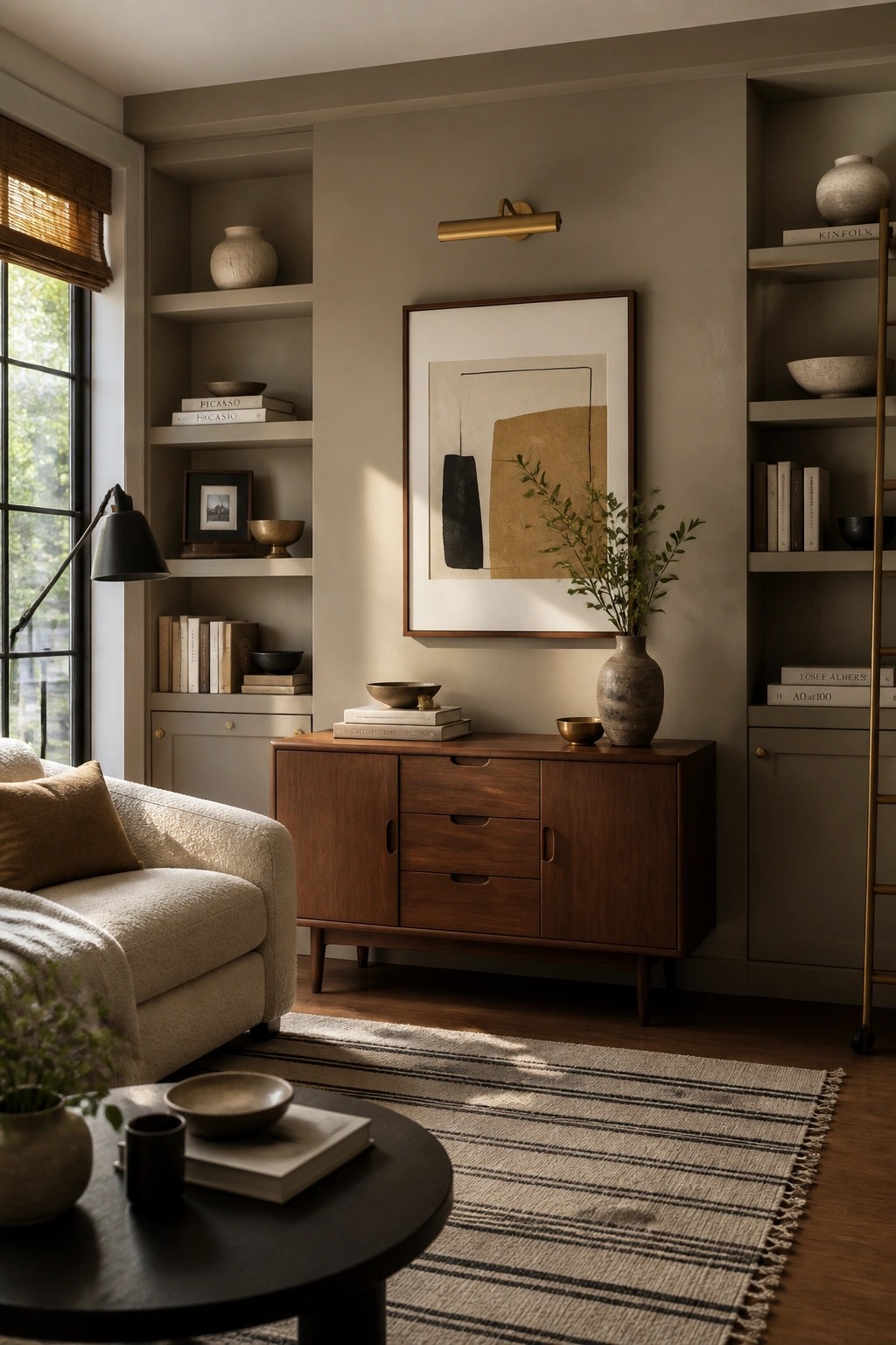 Living room with warm greige walls and wooden built-in cabinetry.