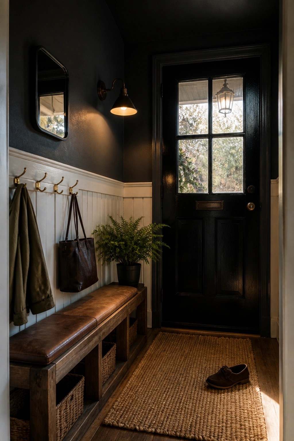 Dark painted walls above white wainscoting in a home entryway.