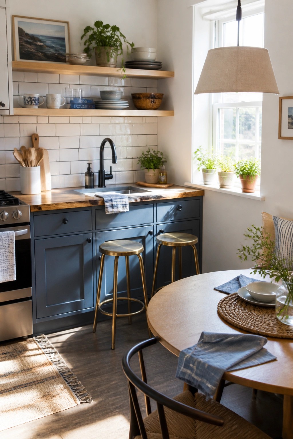 Dark blue gray cabinets in a kitchen with wood countertops.