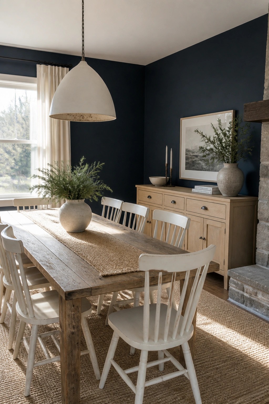 Rustic dining room with wooden table, white chairs, and navy walls.