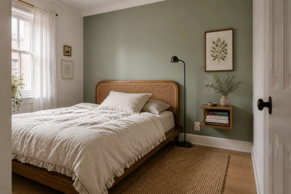 A bedroom with a muted sage green accent wall behind a wooden bed.
