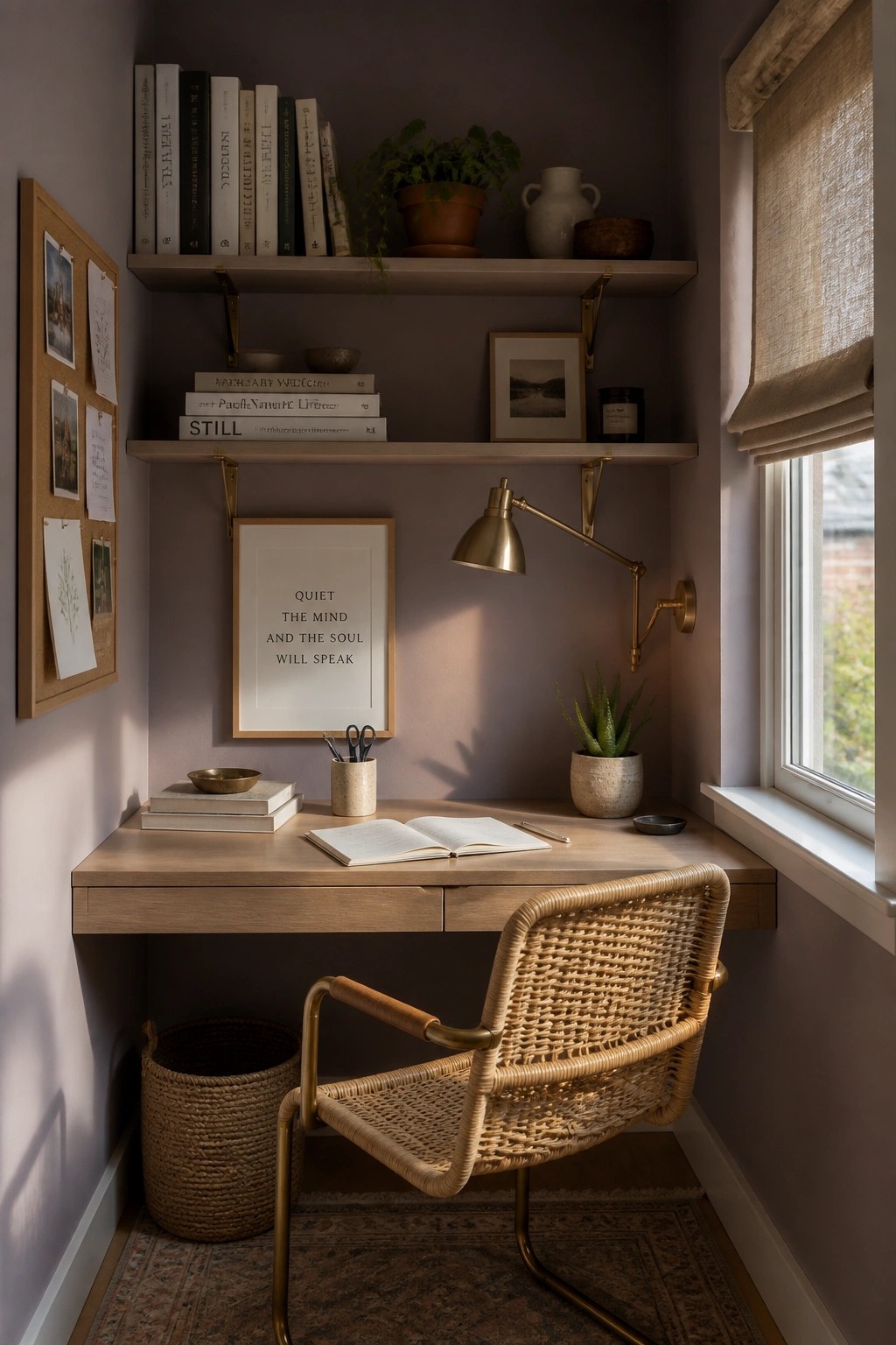 A small wooden desk nook with muted purple gray walls and open shelving.