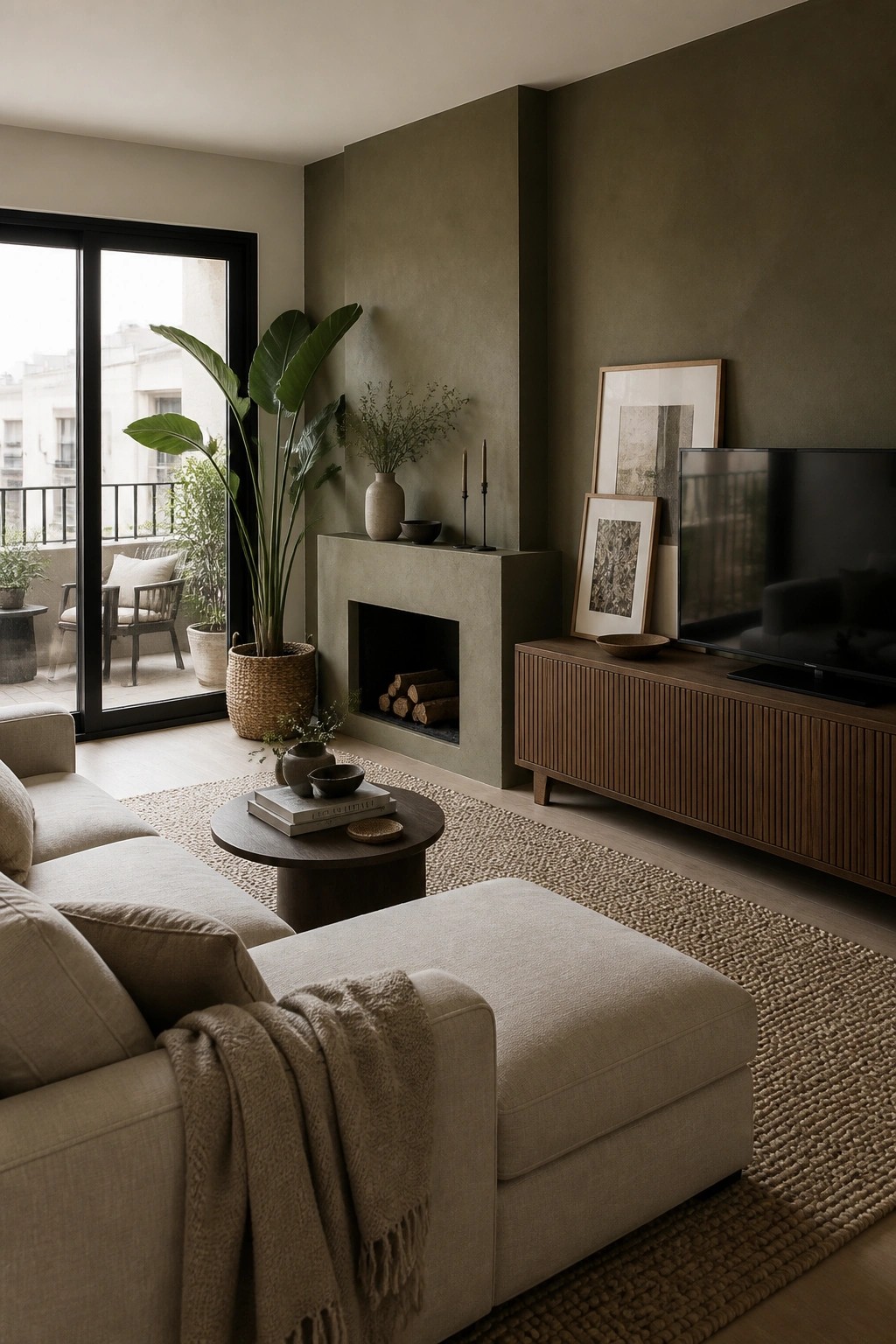 A living room with muted sage green walls and a wooden media console.