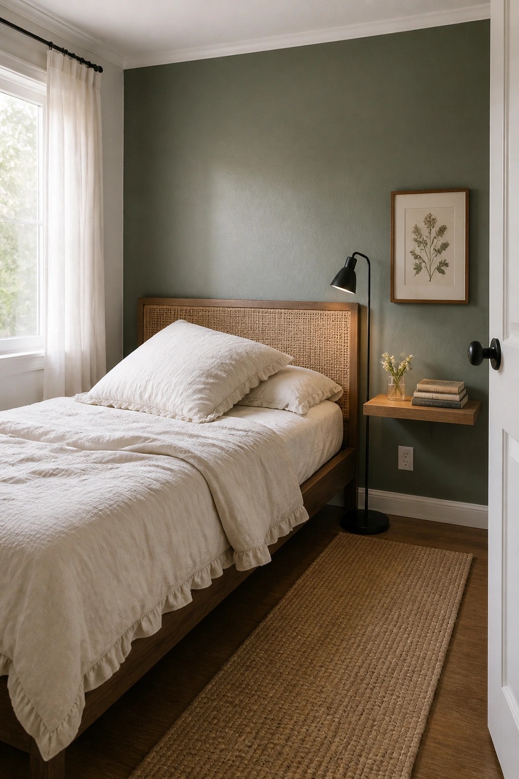 A bedroom with a muted sage green accent wall behind a wooden bed.