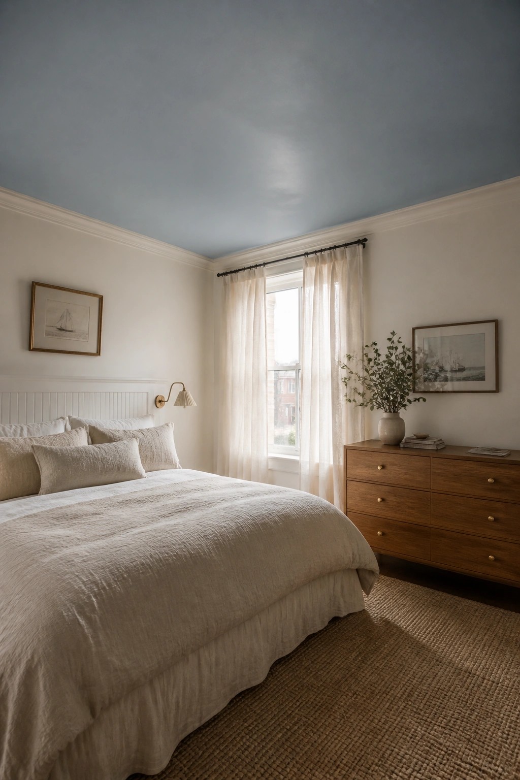 A bedroom with soft blue gray paint on the ceiling and white walls.