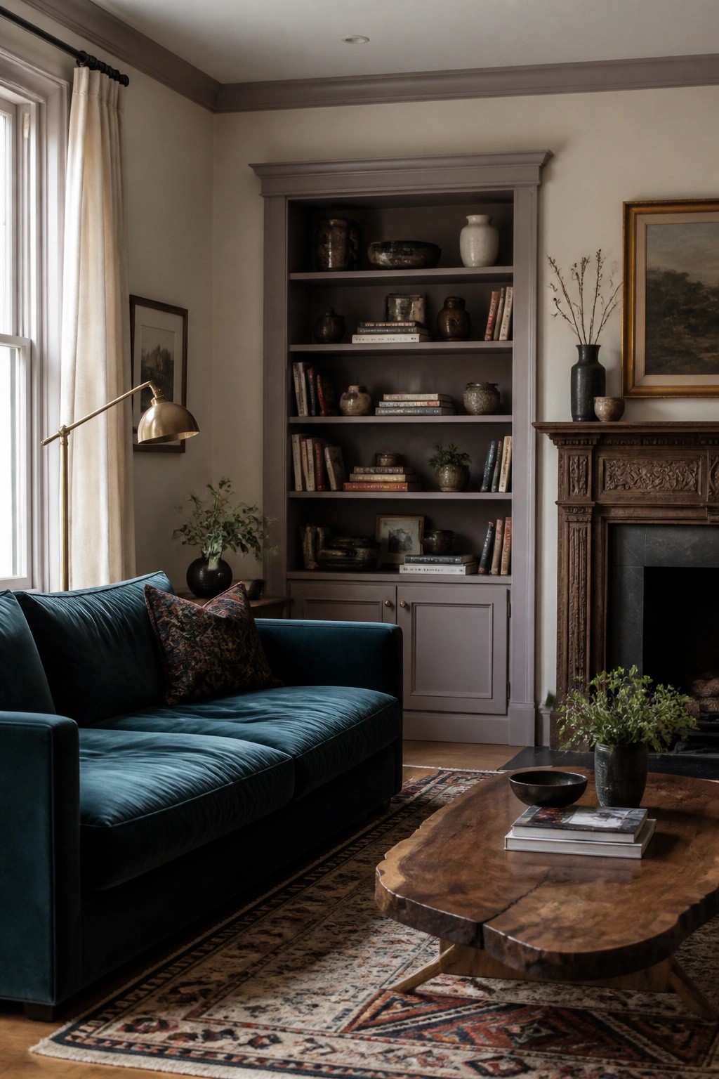 Built-in bookshelves painted in a soft muted gray line the wall of a living room.