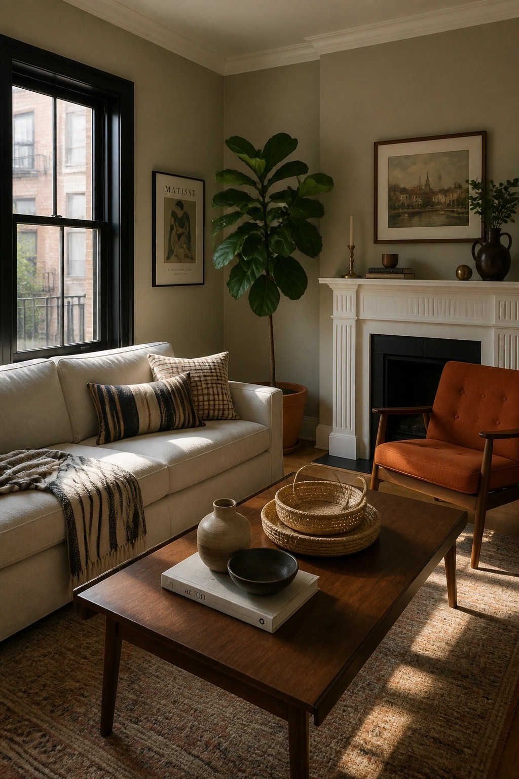 Living room walls painted in a soft muted sage gray.