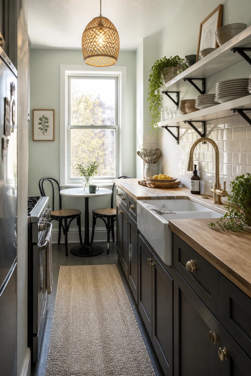 Kitchen with walls painted in a soft sage green next to dark cabinets and a white farmhouse sink.