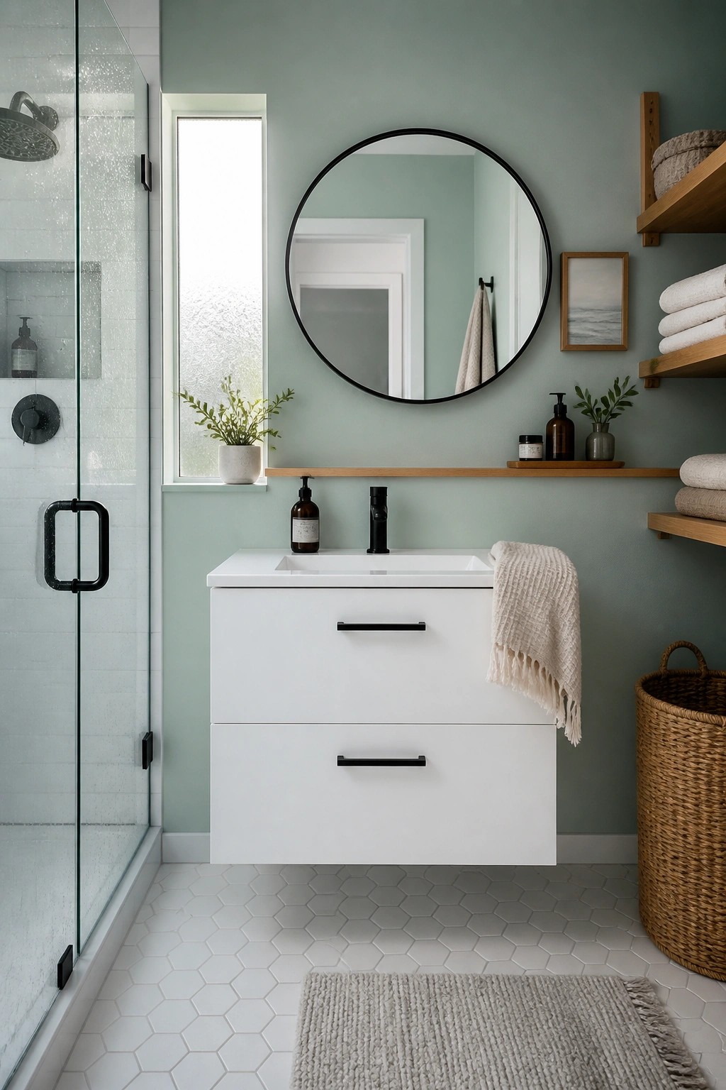 A bathroom with soft sage green walls and a white floating vanity.