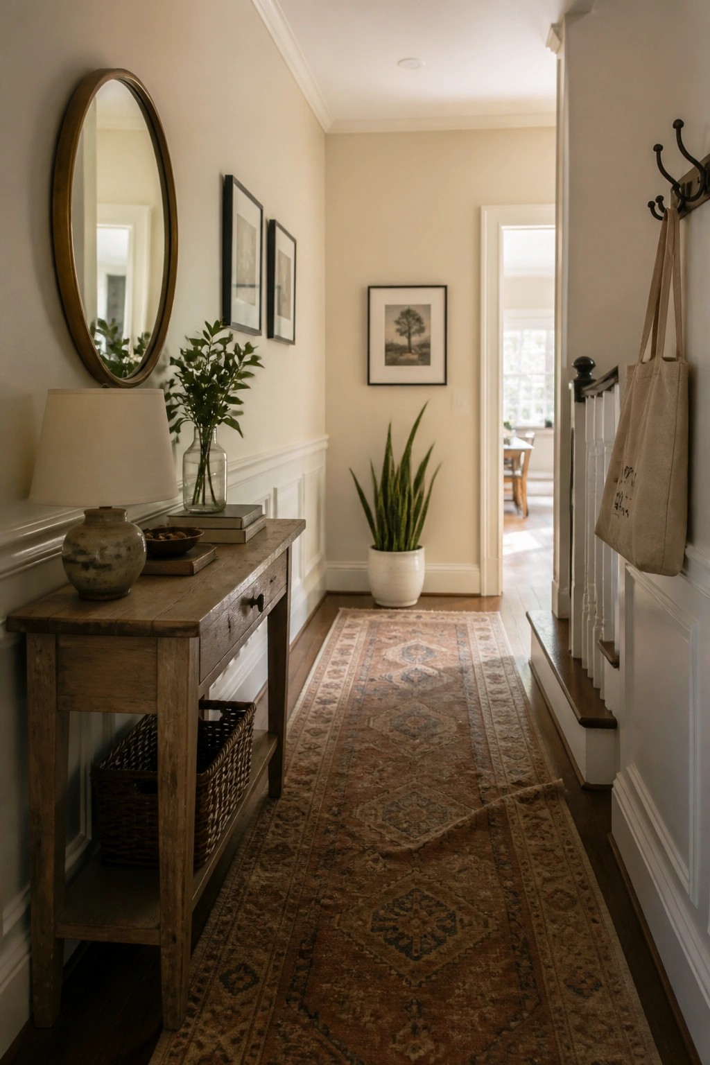 Light warm cream walls in a narrow hallway with wood trim and flooring.
