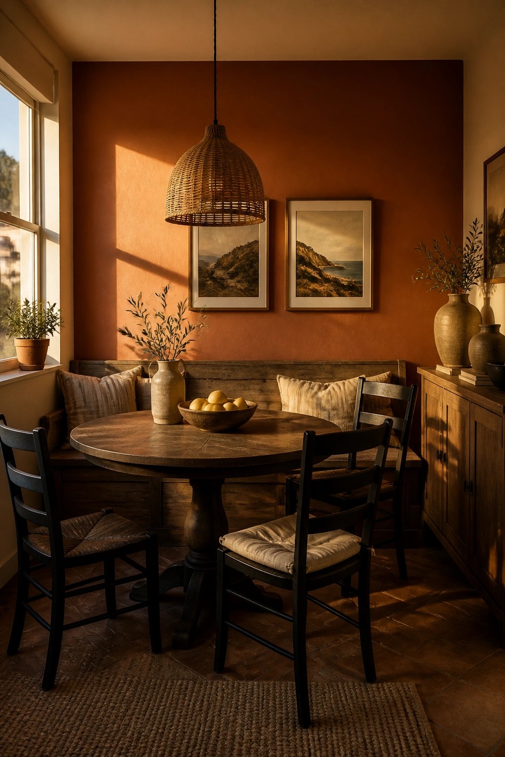 A dining room featuring warm terracotta walls paired with a round wooden table.