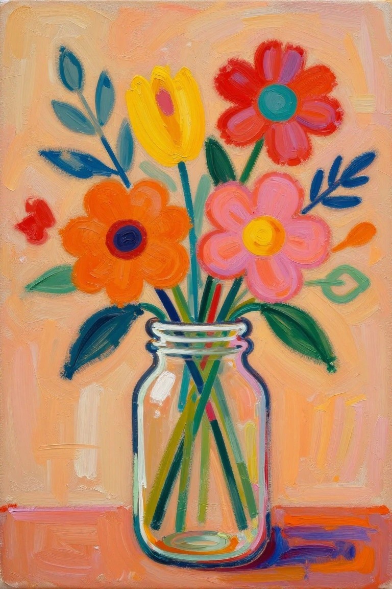 A painting of colorful flowers in a clear glass jar against a peach background.