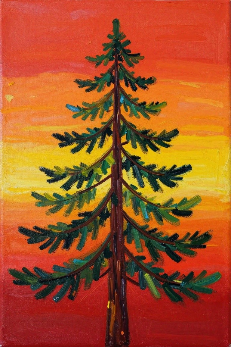 Tall pine tree with bold green brushstrokes against red-orange sunset sky