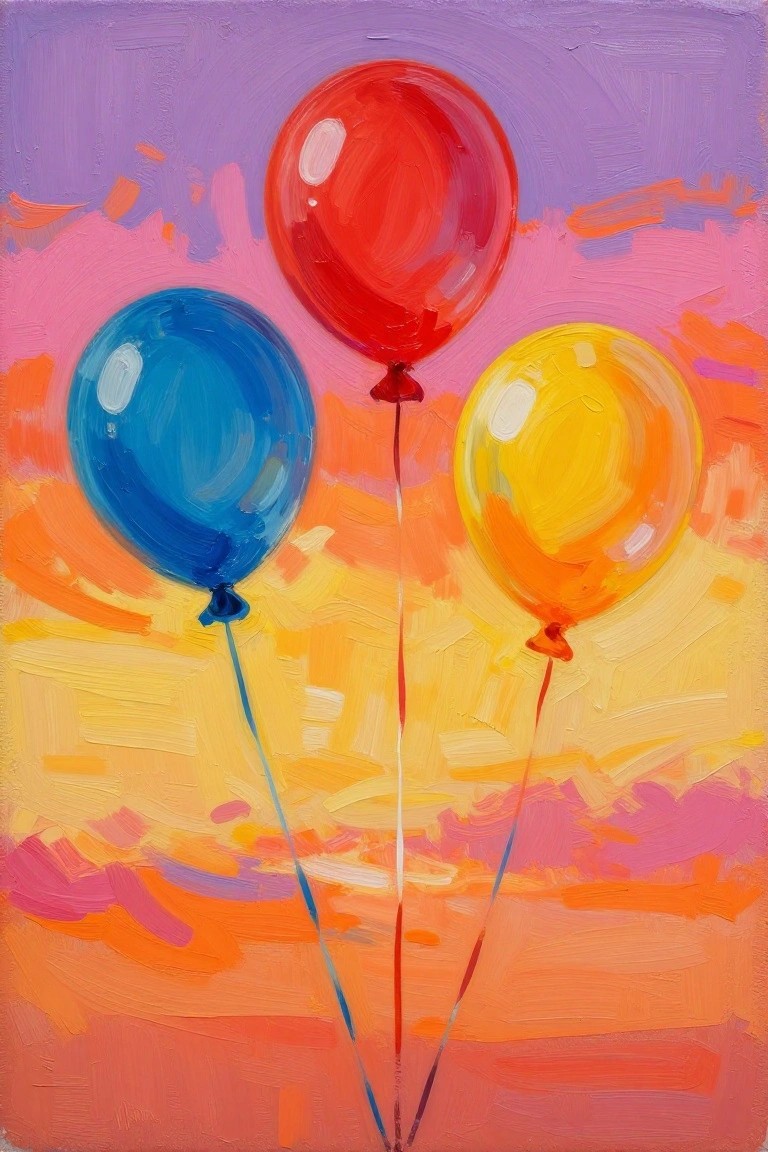 Three balloons in red, blue, and yellow with strings against a purple, pink, and orange background.