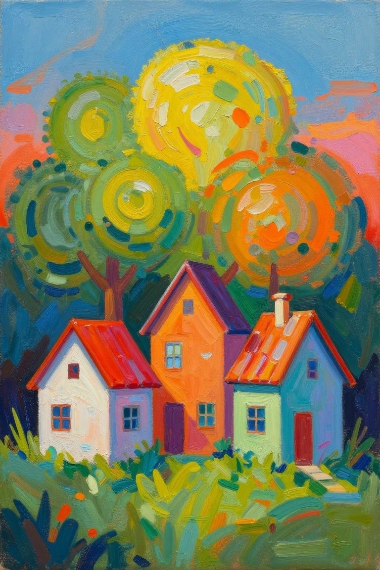 Vibrant painting of three colorful houses amid swirling trees under a bright sky.