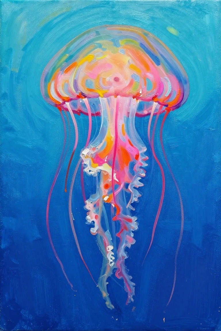 A vibrant painting of a jellyfish with a multicolored bell and long trailing tentacles on a deep blue background.