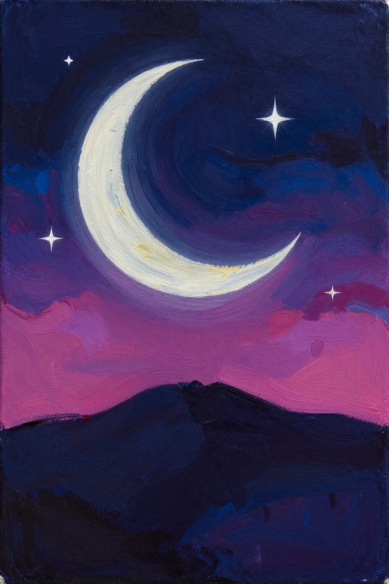 Crescent moon and stars over swirling purple-pink clouds above dark hills.