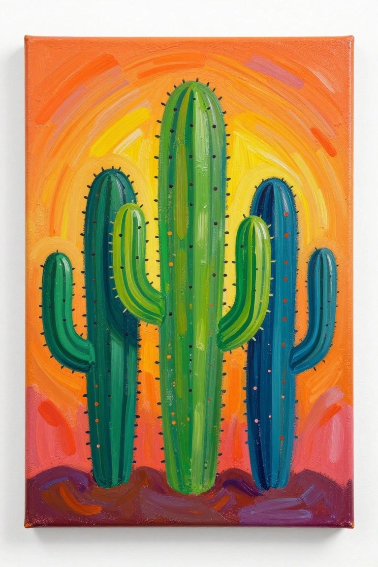 Vibrant painting of green and blue cacti against a swirling orange-yellow sunset.