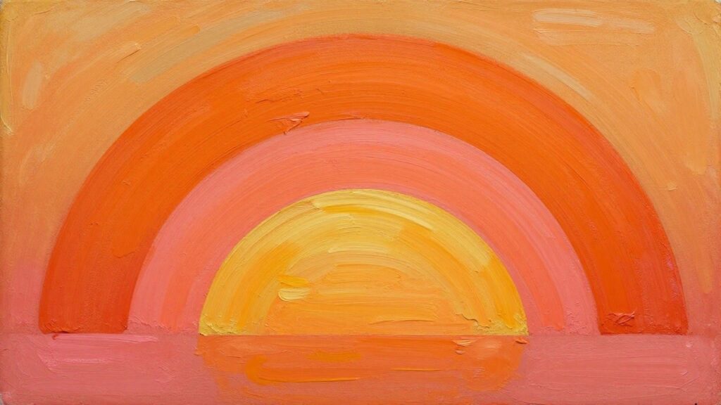 19 Beginner-Friendly Canvas Painting Ideas Using Acrylic Paint and Simple Shapes Abstract painting of concentric arches in warm orange, pink, and yellow hues.