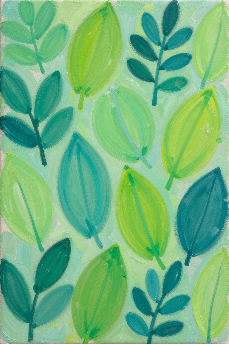 Abstract painting of overlapping green and teal leaves with visible brushstrokes