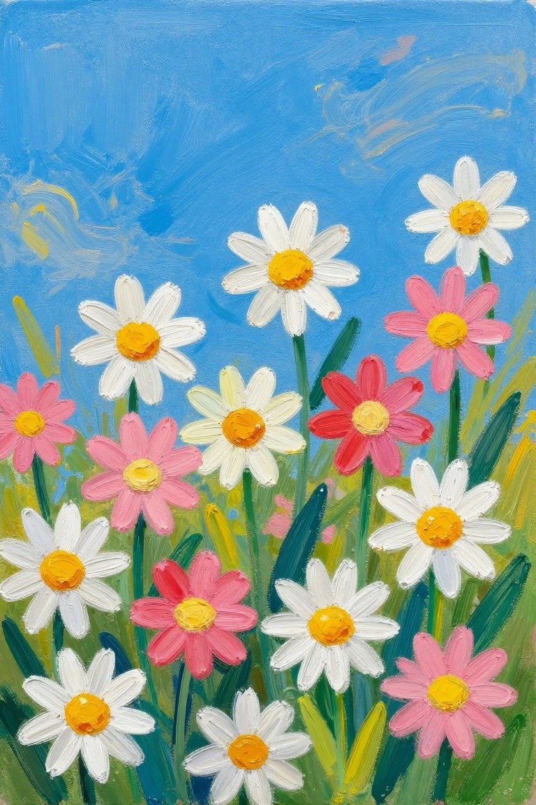 Vibrant painting of white daisies and pink flowers blooming under a blue sky.