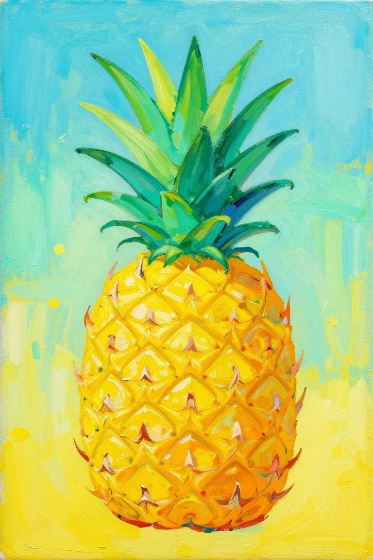 Vibrant yellow pineapple with textured skin and spiky green leaves on blue-yellow background.