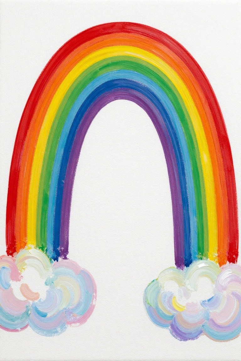 A painting of a colorful rainbow arching over a white background with fluffy clouds at both ends.