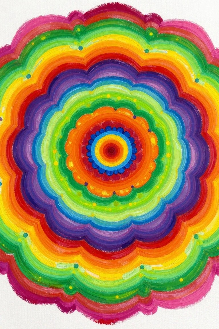 Vibrant rainbow mandala with scalloped concentric circles and colorful dots