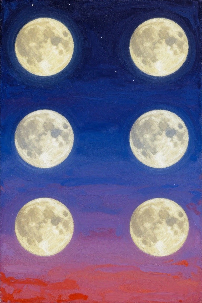 Six full moons in rows on blue-purple-red gradient starry sky