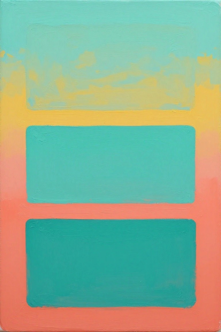 Abstract painting with cyan top, yellow stripe, teal rectangles on coral.