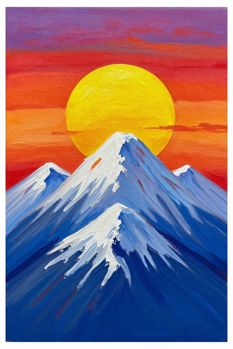 Blue snow-capped mountains beneath a large yellow sun in a vibrant striped sunset sky.