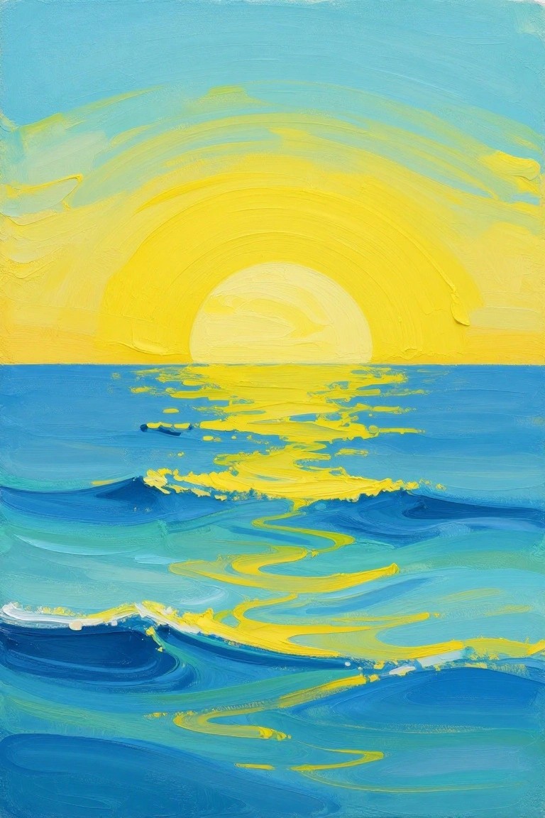 Vibrant painting of yellow sun setting over blue ocean with wave reflections