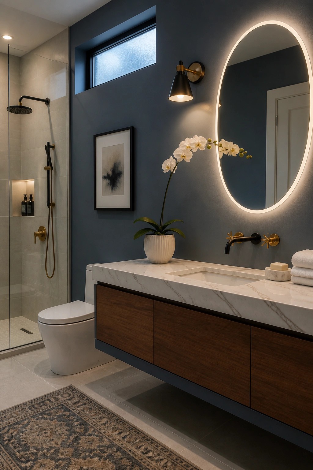 A bathroom featuring deep blue gray walls paired with a wood vanity and marble countertop.